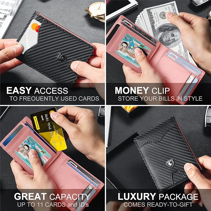 GSOIAX Slim Wallet for Men Rfid Blocking Leather Bifold Front Pocket Carbon Fiber Men's Money Clips Credit Card Holder With Gift Box - Image 3