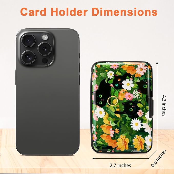 Mayski Credit Card Holder for Women RFID Blocking Wallet, Black Cat Flower | Card Wallets for Women Small Mini Business Metal Accordion Aluminum Alloy Hard Case for Men - Image 5