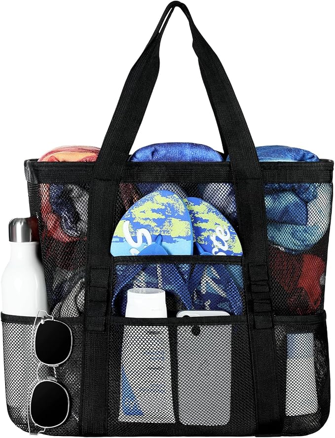 Tavaleu Mesh Beach Bag, Large Capacity Beach Tote, Multi Pockets, Sandproof | Mesh Material, Multiple Storage Pockets, Lightweight & Foldable Design, For Beach & Pool Use, Easy to Clean & Quick Dry by Tavaleu