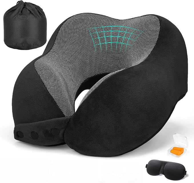 Travel Neck Pillows for Airplanes Memory Foam Neck Pillow for Traveling Adjustable Travel Pillow for Sleeping, Airplane,Train, Car with Eye Mask, Earplugs, Carry Bag by HITSZS
