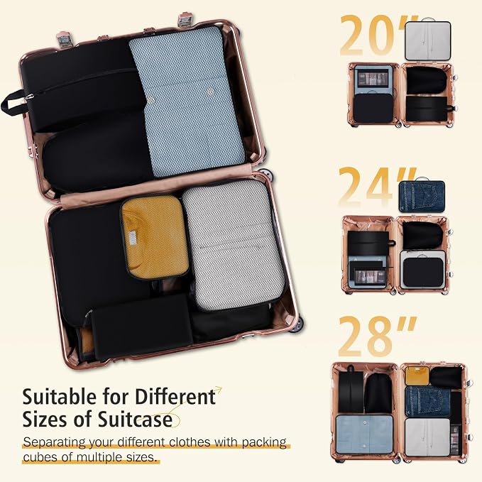 8 Set Packing Cubes for Travel Essentials, Organizers for Suitcase and Luggage in 4 Sizes, Luggage Organizer with Toiletries/Laundry/Shoes/Sock Bags (Black) - Image 5