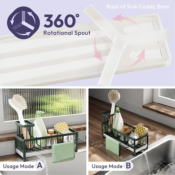 SWTYMIKI Sponge Holder for Kitchen Sink - Sink Caddy with Brush Holder Self-draining Sponge Caddy Organizer with Divider Stainless Steel Kitchen Accessories Storage for Countertop, Green - Image 2