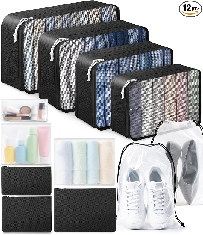 ALL INCLUDED - 12 Set Packing Cubes for Suitcases Carry On, Travel Essentials/Accessories Luggage Organizer Bags Set, Includes Cubes, Shoes Bag, Matte Cosmetic Bag, Zipper Bags by WULIVA