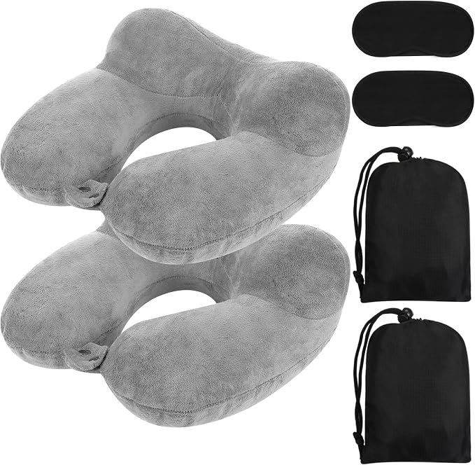 Sintuff 2 Pack Inflatable Travel Pillow for Airplanes Inflatable Neck Flight Pillows with Compact Bag and Blindfold for Traveling, Airplane, Train, Car, Office(Gray) by Sintuff