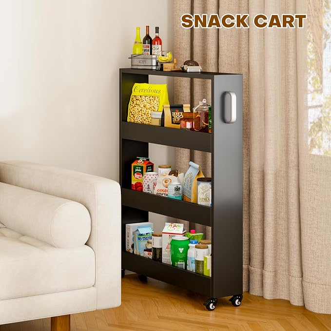 Slim Storage Cart, Lightweight 4 Tier Metal Rolling Utility Kitchen Cart on Wheels, Mobile Storage Shelving Unit Organizer for Bathroom Laundry Office Narrow Places (4 Tier-Black, 6" D) - Image 5