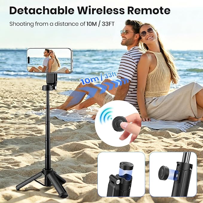 4-in-1 Magnetic Selfie Stick, Pocket Size 360° Rotation Phone Tripod | With Wireless Remote and Metal Ring, Extendable Cell Phone Stand Camera Grip Handle for Video Recording Travel Live Streaming - Image 4