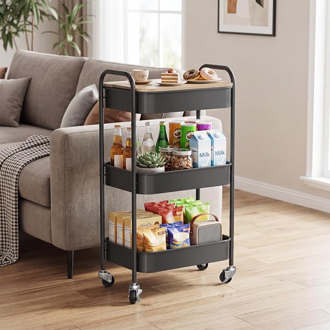 DTK 3 Tier Rolling Cart with Wheels, Heavy Duty Metal Utility Cart, Mobile Storage Organizer with Lockable Casters, Multi-Purpose Rolling Cart for Nursery, Bathroom, Kitchen, Office, Classroom - Image 7