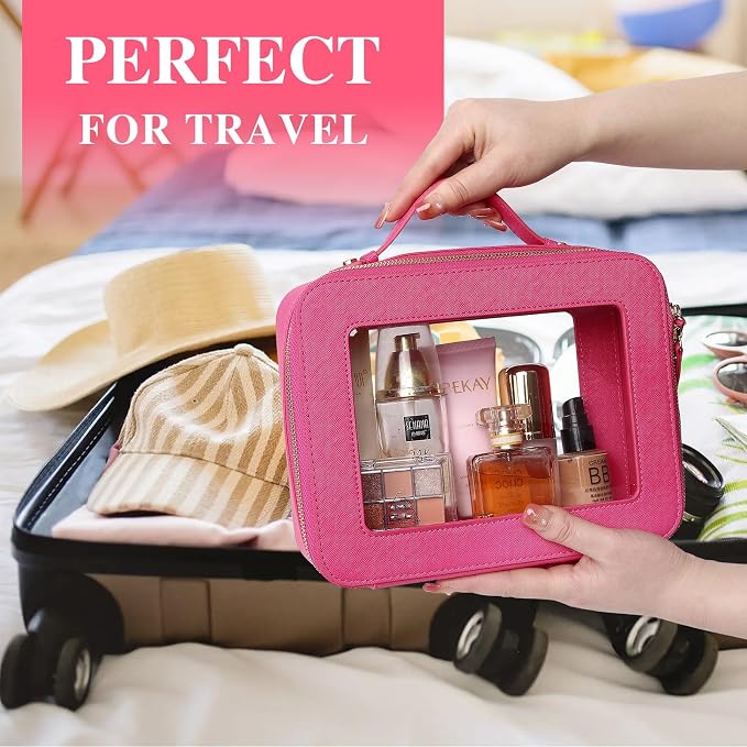 Pinkmik Clear Makeup Bag with Brush Bag, (Fuxia, L+SLIM) | 2pcs, Waterproof, Travel Case for Cosmetics and Toiletries, Women's Cosmetic Organizer, with Zipper - Image 4