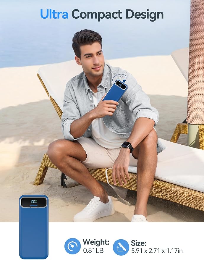 aonidi Portable Charger 20000mAh with Built-in Cables&AC Wall Plug, Navy | PD20W Fast Charging,Travel Essential,TSA Approved,LED Display,All in One USB C Power Bank for All Cell Phones Devices - Image 8