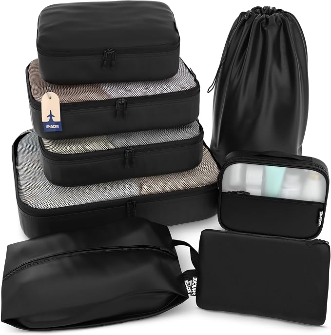 Shacke 8 Set Packing Cubes for Travel, Shoe & Toiletry Bags (Air Black) | Complete Suitcase Organizer Bags Set: 4 Luggage Packing Cubes + Laundry, Shoe, Toiletry & Accessories Bags for Any Trip by Shacke