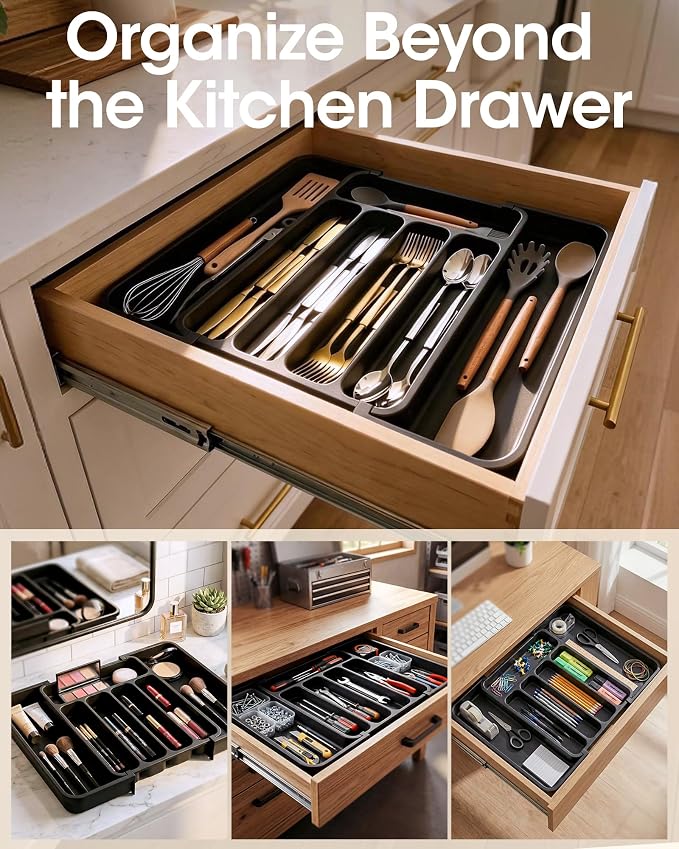 Aujen Silverware Drawer Organizer, Adjustable Utensil Cutlery Tray | Expandable Kitchen Organizer for Forks Knives, Multipurpose Kitchen Storage, Apartment Essentials, Black, Medium - Image 8