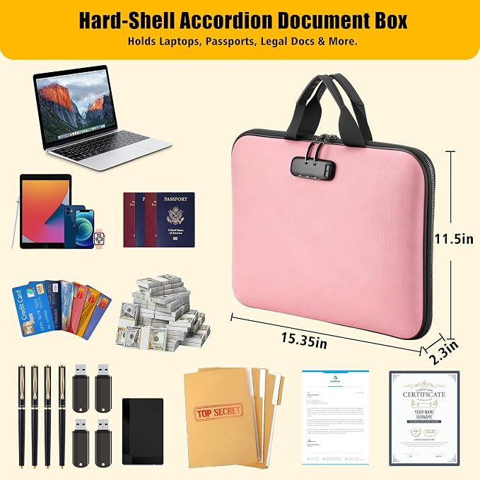 facka Fireproof Document Box with Lock, Hard-Shell Safe File Organizer | 13-Pocket Accordion Folder for Important & Legal Documents, Laptop, Passport, Cards & Valuables, Home Office Travel Pink - Image 3