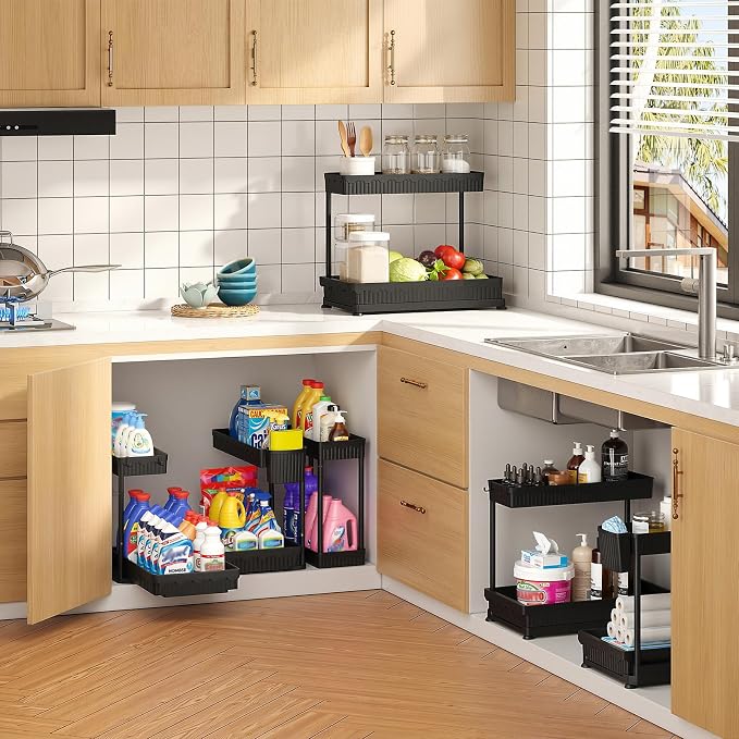 3-Pack 2-Tier L-Shaped Under Sink Organizers with Sliding Drawers | Multi-use kitchen & bathroom storage, 14.85 inch black cabinet organizer, space-saving sliding drawer design. - Image 8