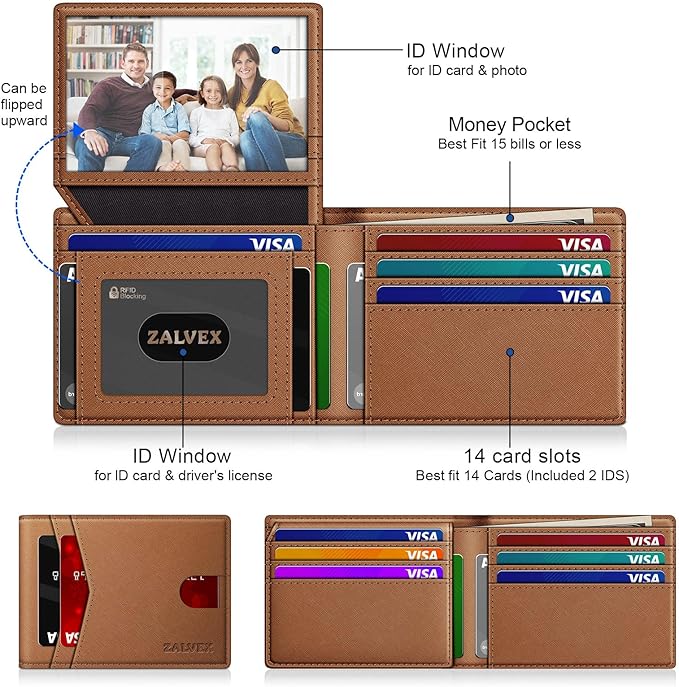 Wallet for Men Slim RFID Blocking Leather Credit Card Holder Wallet for 14 Cards, Bifold Minimalist Thin Wallet with 2 ID Windows & Cash Slot, Front Pockt Carteras Para Hombres, Birthday Gifts for Men | 14 Cards Bifold Minimalist Thin Wallet with 2 ID ... - Image 2