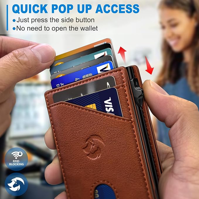 Wallet for Men, Slim Pop Up Card Holder with RFID Blocking, Minimalist Bifold Wallet with 9 Card Slots, ID Window and Cash Pocket, Metal Flip Case with Magnetic Closure, Gift Box - Image 5
