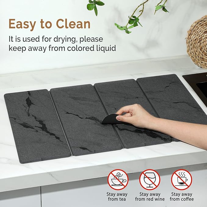 Large Stone Dish Drying Mat for Kitchen Counter, 2 PCS Quick Dry Stone Mats, Foldable Water Absorbing Diatomaceous Earth Drying Dishes Pad for Countertop Bottles Utensils Cup(Dark gray 24"x16"&8"x4") - Image 8