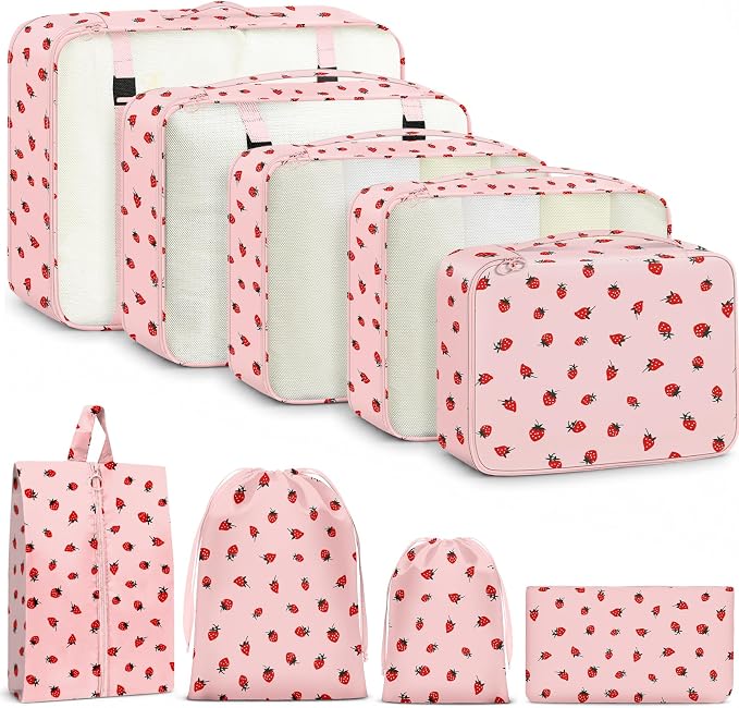 9 Set Packing Cubes for Travel Essentials - Lightweight Carry-On Luggage Organizer Bags with Shoe, Clothes & Laundry Bags for Airplane, Family & Business Travel, Pink strawberry by Unknown