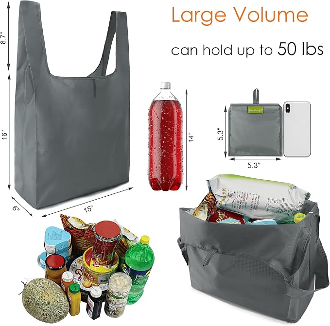 BeeGreen Grey Reusable Shopping Bags Wholesale Gray Reusable Grocery Bags Bulk Foldable-Machine Washable with Zipper Storage Pouch 20 Pieces - Image 2