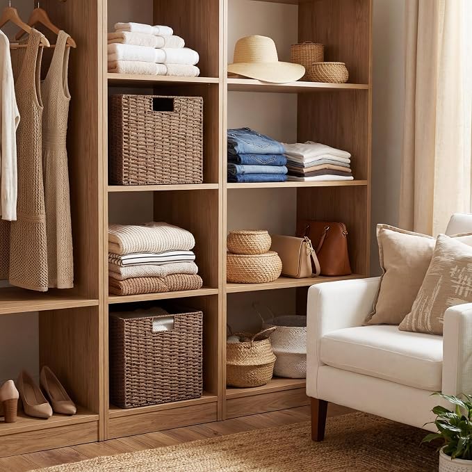 StorageWorks 13 inch Cube Storage Bins, Wicker Baskets for Storage, Brown | 2-Pack, Foldable Square Baskets, Wicker Storage Baskets for Organizing, Paper Rope Square Storage Cubes, Cube Storage Bins - Image 7