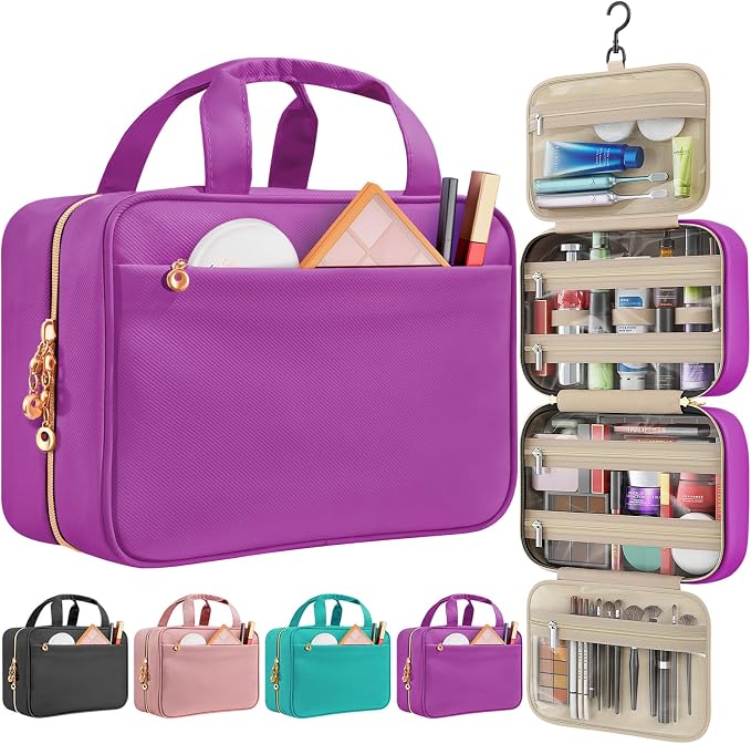 Travel Toiletry Bag for Women, Hanging Makeup Organizer Clear Pockets | Large Hanging Travel Organizer with Compartments, Front Pocket, Fits Full-Size Skincare, Makeup & Toiletries(Purple, Medium) by Unknown