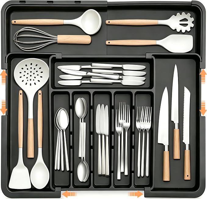 Silverware Organizer Expandable Kitchen Utensil Drawer Organizer Large BPA Free Adjustable Cutlery Silverware Tray for Spoons Forks Knives Storage Divider for Kitchen Flatware 6-9 Slots Black by Spaclear