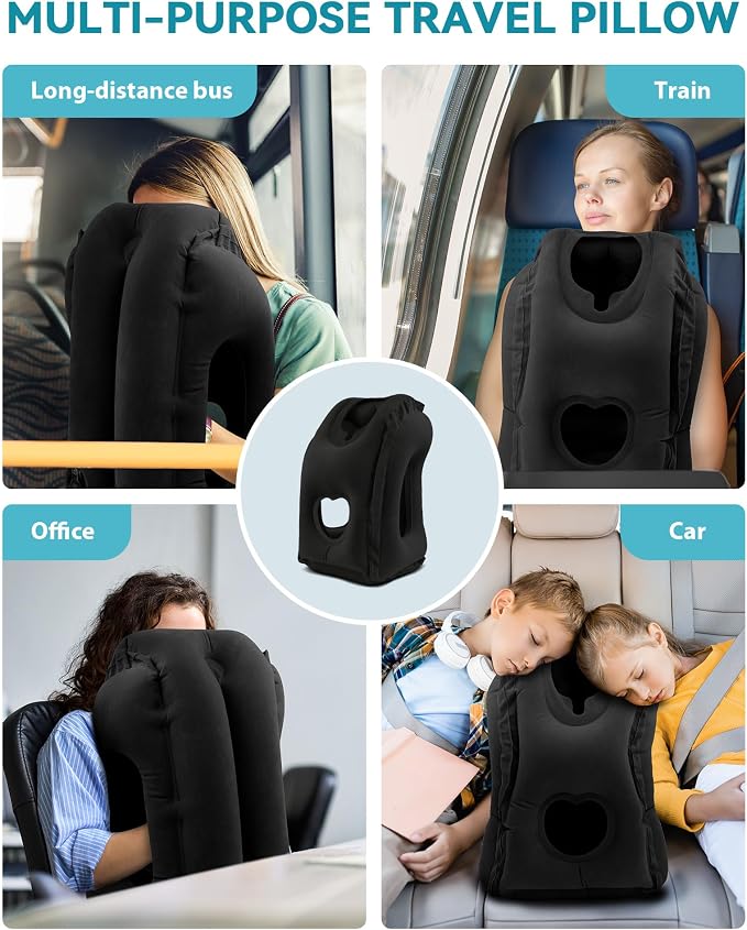 Inflatable Travel Pillow, Airplane Neck Pillow Comfortably Supports Head and Chin for Airplanes, Trains, Cars Office Napping on The Tray Table (Black) - Image 7