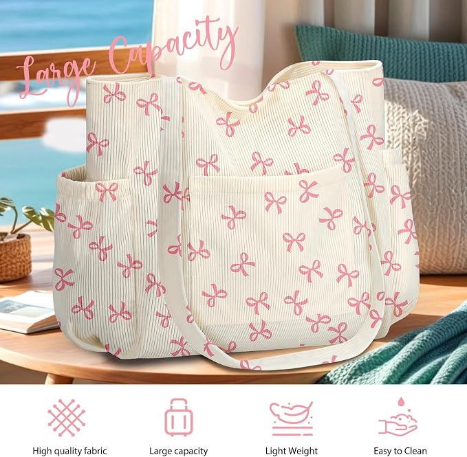 Corduroy Tote Bag for Women,Large Capacity Cute Tote Bags With 6 Pockets,Crossbody Shoulder Handbag for Work Travel Gym - Image 4