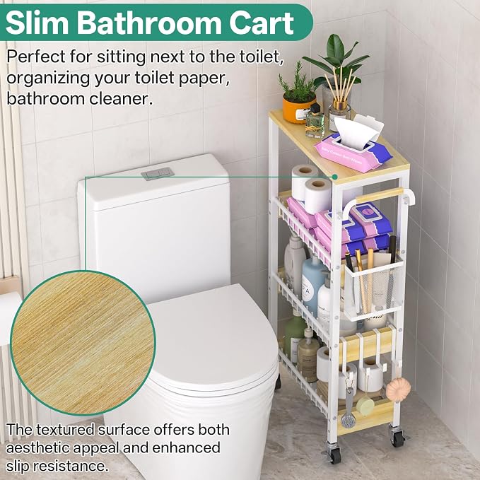 DTUQYX Slim Bathroom Storage Cart, 4 Tier Small Rolling Organizer Cabinet with Wood Top Handle, Mobile Shelving Unit Slide Out for Office, Kitchen, Laundry Room & Narrow Places (9.1" W Wood Basket) - Image 7