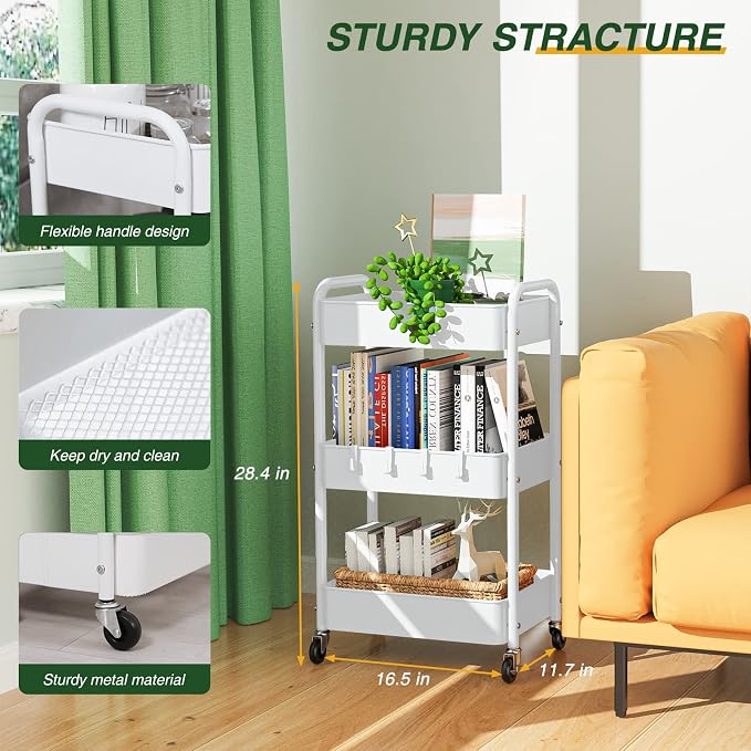 LEHOM 3 Tier Rolling Cart, Metal Rolling Utility Cart with Lockable Wheels | Multi-Functional Heavy Duty Storage Cart Organizer for Bathroom, Kitchen, Office, Living Room, Rolling Storage Trolley - Image 3
