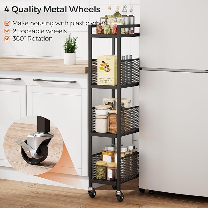 4-Tier Expandable Storage Shelving Unit,Slim Storage Cart,Metal | Adjustable Width 8.3" to 12.6", Bathroom Shelves, Narrow Shelf,Rolling Utility Cart, for Laundry, Bathroom,Small Spaces Black - Image 5