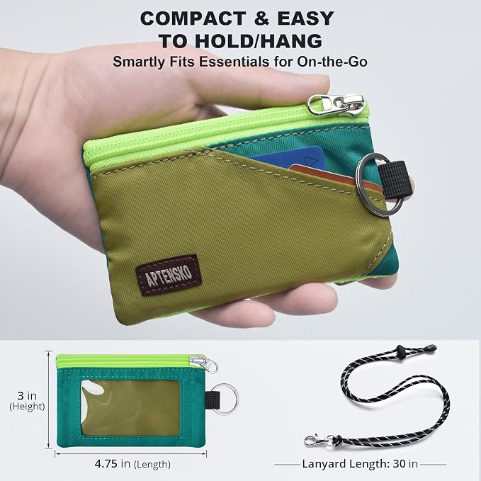 RFID Blocking Travel Wallet with Adjustable Lanyard, Small Nylon Zipper Pouch and Badge Holder for ID, Credit Cards, Cash, Keys, Commuters (OliveGreen+Turquoise) - Image 4