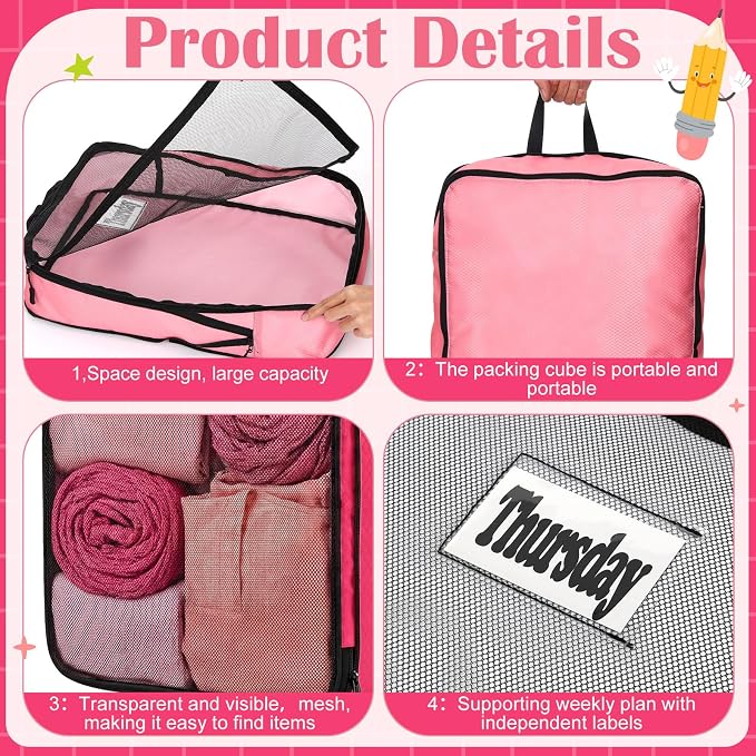 7 Pcs Packing Cubes for Travel Days of Week,Pink,Large - Image 3