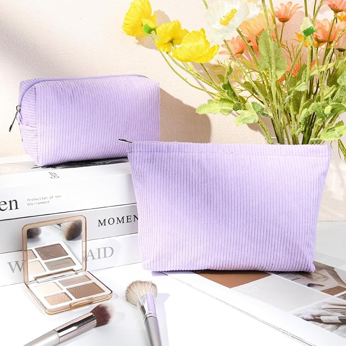 SOIDRAM 2 Pcs Corduroy Makeup Bag Large Cosmetic Bag Toiletry Bag Makeup Pouch Travel Bag Organizer Cute Makeup Brushes Aesthetic Accessories Storage Bag for Women Purple - Image 2
