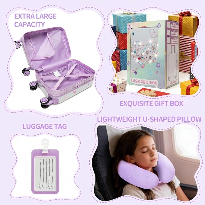 Kids Luggage Sets Suitcase Set with Travel Pillow for Girls 10 Sheets Gem Stickers Small Suitcase with Wheels Hardshell Carry on Luggage for Airplane Travel Essential DIY Styles Purple - Image 8