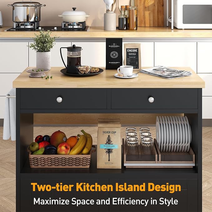 Rolling Kitchen Island with Folding Drop Leaf Breakfast Bar, 35.4'' W Kitchen Cart with Storage Cabinet and 2 Drawers, Portable Mobile Kitchen Island Table with Towel Rack, Lockable Wheels, Black - Image 6
