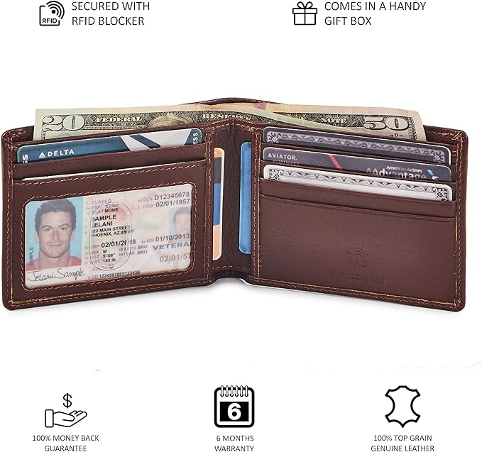 Real Leather Mens Bifold Wallet RFID Blocking Slim Minimalist Front Pocket - Thin & Stylish with ID Window in Gift Box (Nappa, Cognac) - Image 5