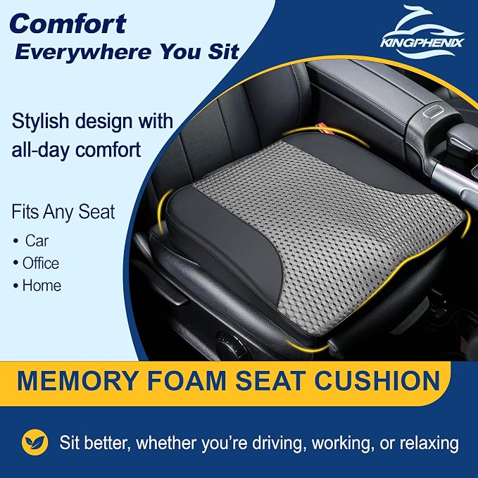 kingphenix Memory Foam Car Seat Cushion for Driving Comfort and Office Use | Coccyx&Lower Back Pressure Relief, Non-Slip 4D Mesh Seat Cushion for Car, Truck, SUV, Long Drives & Office Chair, Black Gray - Image 2