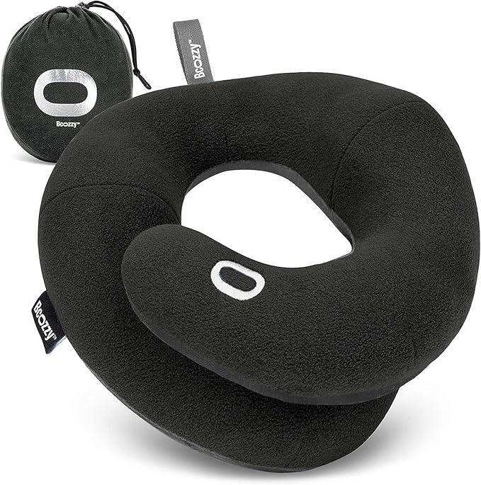 BCOZZY Travel Neck Pillow for Airplane– Patented Double Support for Head, Neck, and Chin. Best for Long Flights, Plane Sleeping, and Car Rides. Adjustable Size. Fully Washable. Carry Bag. Large, Black by BCOZZY