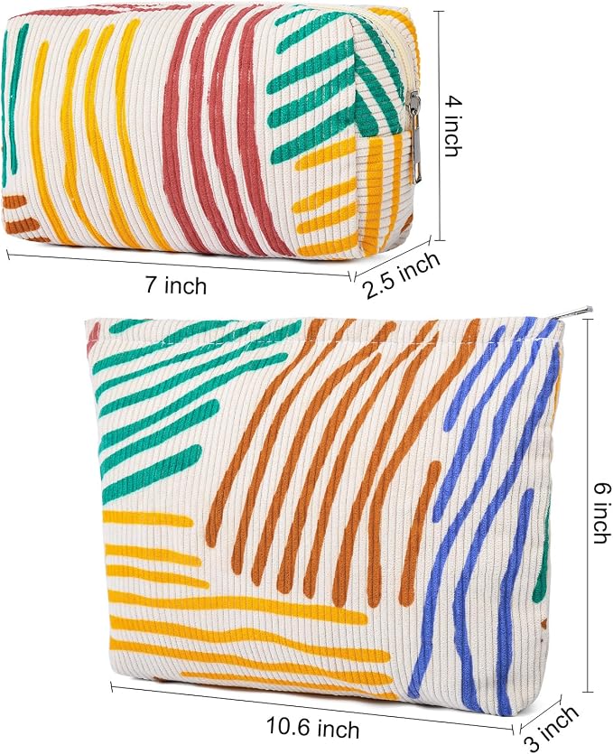 SOIDRAM 2 Pieces Stripes Makeup Bag Large Corduroy Cosmetic Bag Capacity Canvas Mix Travel Toiletry Bag Organizer Cute Makeup Brushes Aesthetic Accessories Storage Bag for Women, Stripes Mix Colorful - Image 3