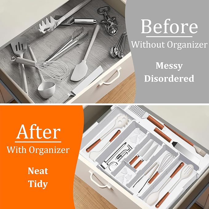 Large Utensil Drawer Organizer Expandable Silverware Organizer for Kitchen Drawer Adjustable Cooking Utensil Holder Cutlery Flatware Tray Spatula Tools Gadgets Storage Dividers Plastic White - Image 3