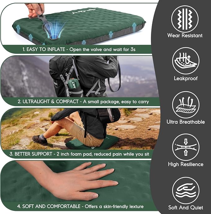 Inflatable Seat Cushion, Self-Inflating Memory Foam Stadium Seats Cushion Lightweight & Compact Chair Sitting Pad Airplane Cushion for Long Flight Travel Outdoor Camping Car Bleachers Office - Image 6