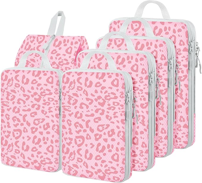 6 Set Compression Packing Cubes, Suitcase Organizer, Lightweight Travel Essentials, Compression Bags For Travel Accessories Luggage Storage Set (6Pcs, Pink Leopard) by Unknown