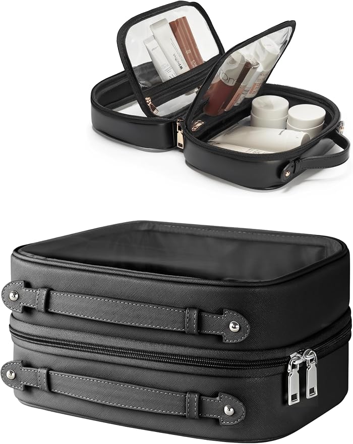 Clear Cosmetic Bag Double Layer Travel Toiletry Bag Clear Makeup Bag Case with 4 Compartments, Transparent Travel Bag for Toiletries, Large Toiletry Bag for Women Cosmetic Case (Black, Large) by Oaque