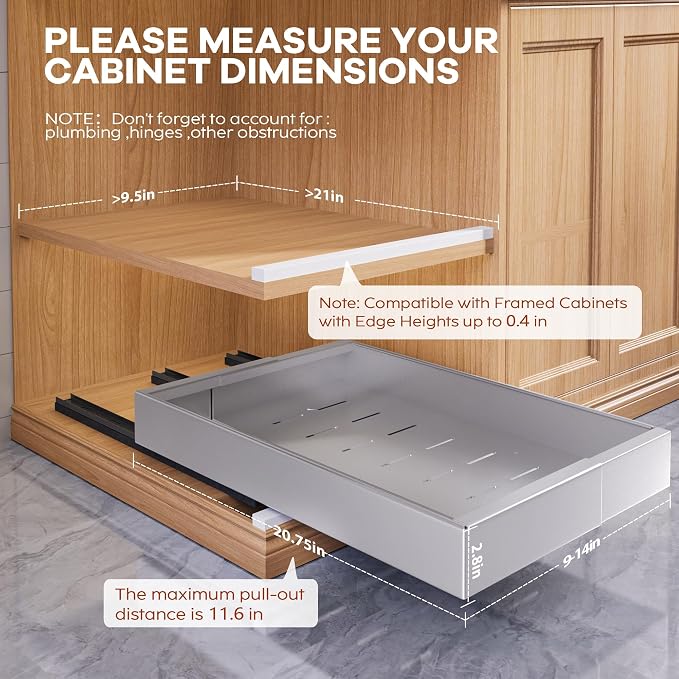 Seinloes 2 Pack Expandable Pull Out Cabinet Organizer 21" Deep with Raising Pad for Framed Cabinets,Upgrade 3 Slide Rails Slide Out Drawers,Roll Out Shelves Adhesive,Adjustable Width 9"-14.1" Silver - Image 2