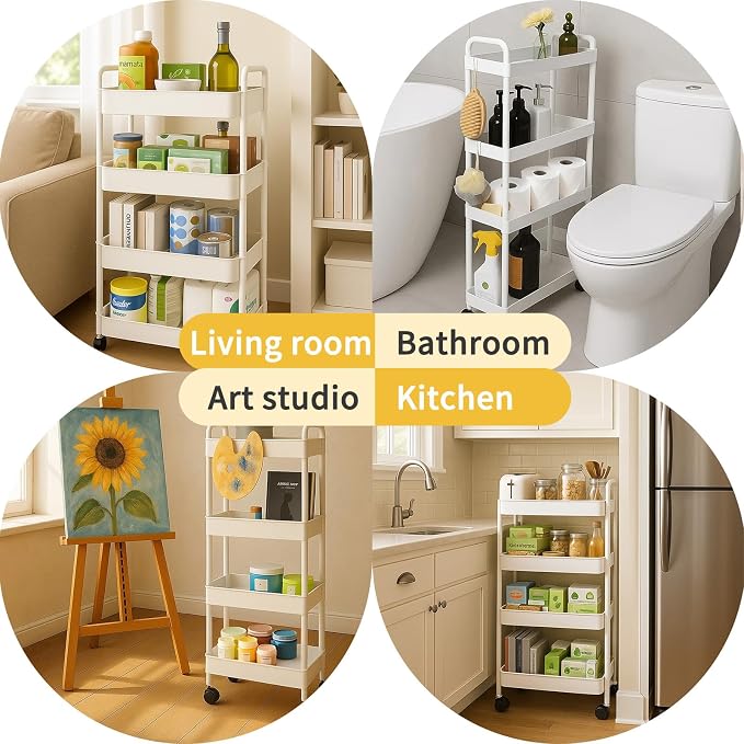 ShellKingdom 4 Tier Bathroom Storage Organizer, Slim Rolling Storage Cart | Storage Shelf for Narrow Space with Handle, Mobile Shelving Unit for Bathroom, Kitchen, Laundry (White) - Image 2