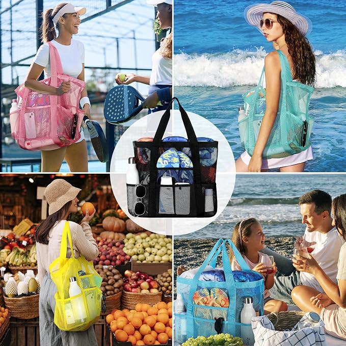 Tavaleu Mesh Beach Bag, Large Capacity Beach Tote, Multi Pockets, Sandproof | Mesh Material, Multiple Storage Pockets, Lightweight & Foldable Design, For Beach & Pool Use, Easy to Clean & Quick Dry - Image 7