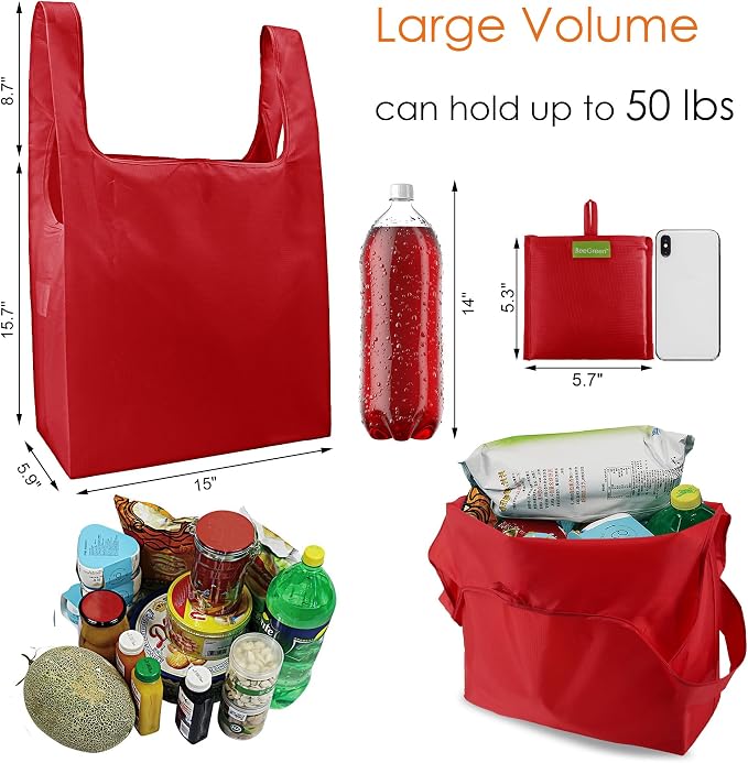 BeeGreen Christmas Red Reusable Shopping Bags Wholesale Reusable Grocery Bags Bulk Foldable-Machine Washable with Zipper Storage Pouch 20 Pieces - Image 3