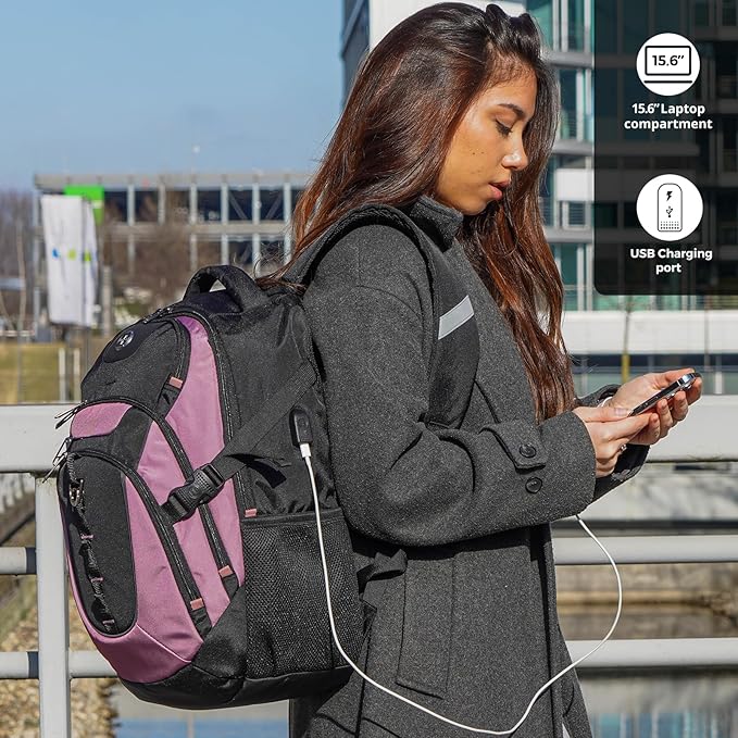 Swissdigital Design Laptop Backpack with USB Charging Port, Travel Backpack Fits 15.6 inches Computer, 31L College School Backpack for Women, Light Purple/Black | SD803-85 - Image 3
