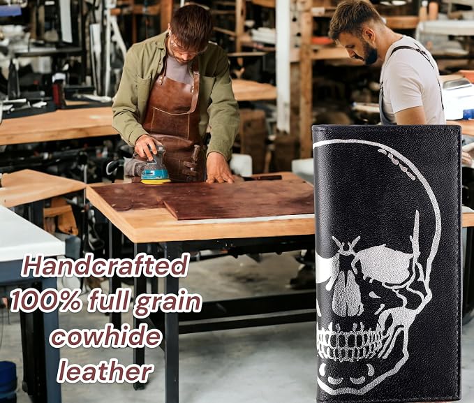 F&L CLASSIC Men's RFID Vintage Look Genuine Leather Long Bifold Wallet Checkbook Wallets,black skull,240-50 - Image 4