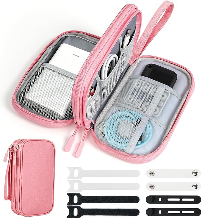 Travel Electronics Organizer Double Layer Tech Pouch Pink | Water-resistant Oxford fabric with 8 compartments for 3ft+ cords, chargers and phones. Includes 8 cable ties. by Woyinger